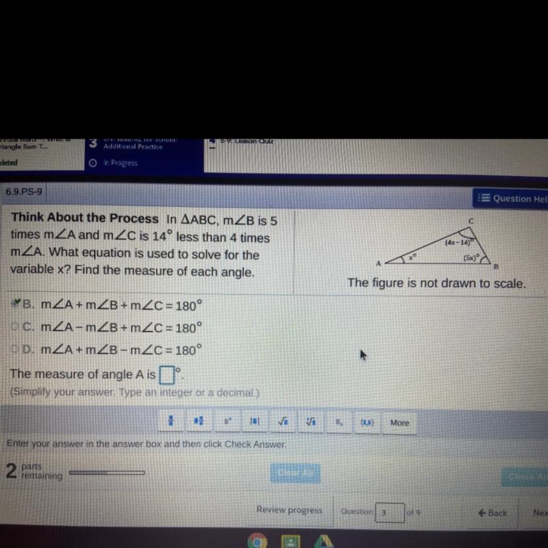 What is the measure of Angle A? (picture included)-example-1