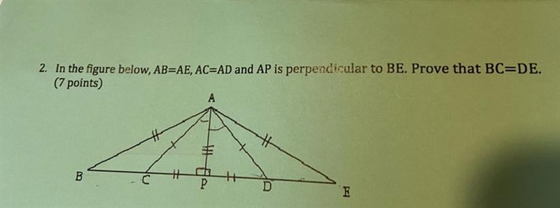 In the figure below, AB=AE, AC=AD and AP is perpendicular to BE. Prove that BC=DE-example-1