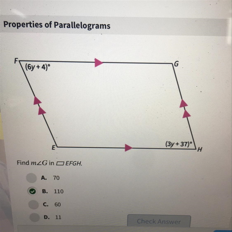 (6y+4) = (3y+37) Find the measurement of angle G in the parallelogram EFGH. It says-example-1