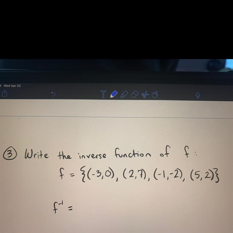 Write the inverse function of F: f= { (3,0), (2,7), (-1,-2), (5,2) } and f^-1=-example-1