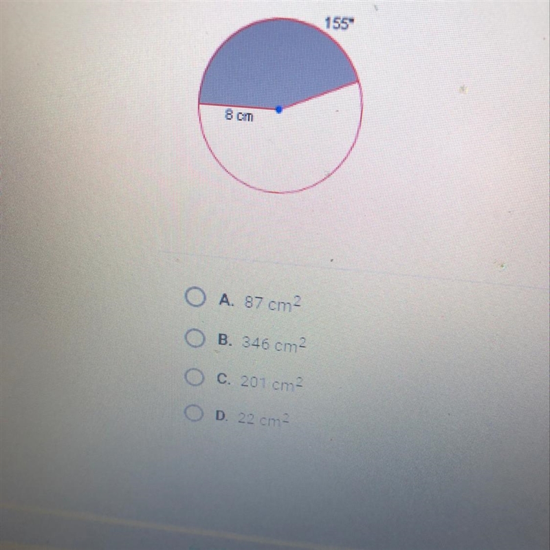 To the nearest square centimeter, what is the area of the shaded sector in the circle-example-1