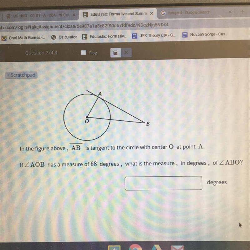 In the figure above, AB is tangent to the circle with center O at point A. if AOB-example-1