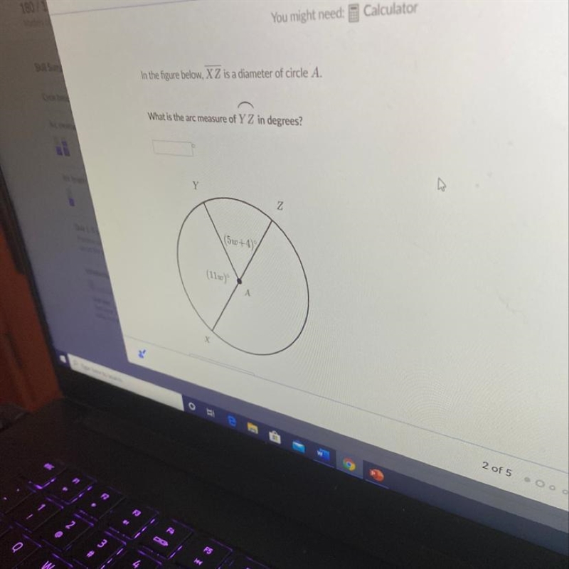 In the figure below, X Z is a diameter of circle A. What is the arc measure of Y Z-example-1