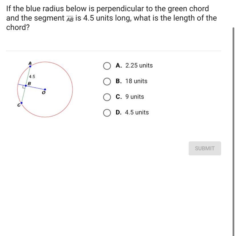 If the blue radius is perpendicular to the green chord and the segment AB is 4.5 units-example-1