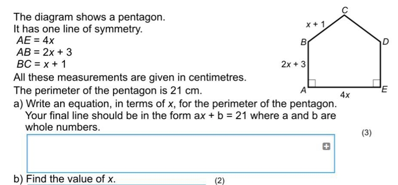 Can someone help me and show how to write the perimeter equation for x to this polygon-example-1