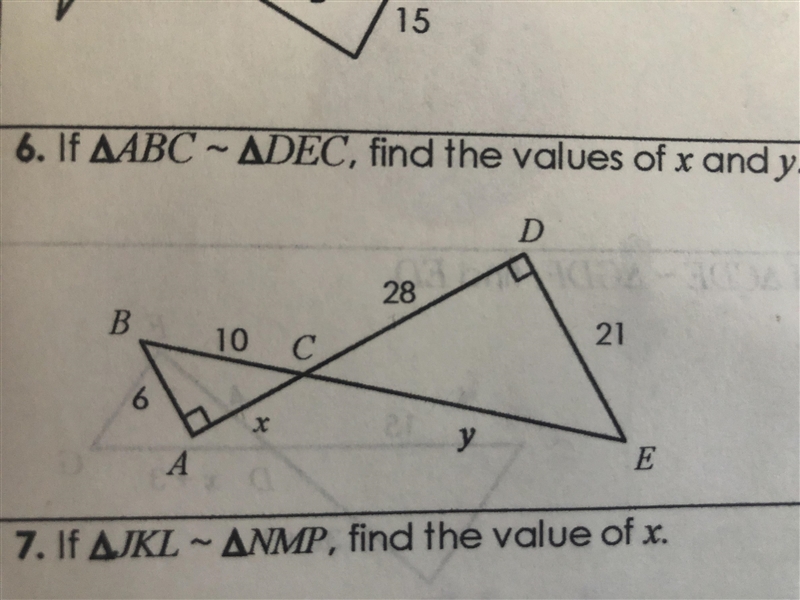 If triangle ABC is similar to triangle DEC, find the values of x and y.-example-1