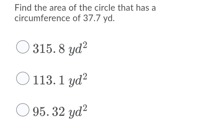 Find the area of a circle that has a circumference of 37.7 yd-example-1