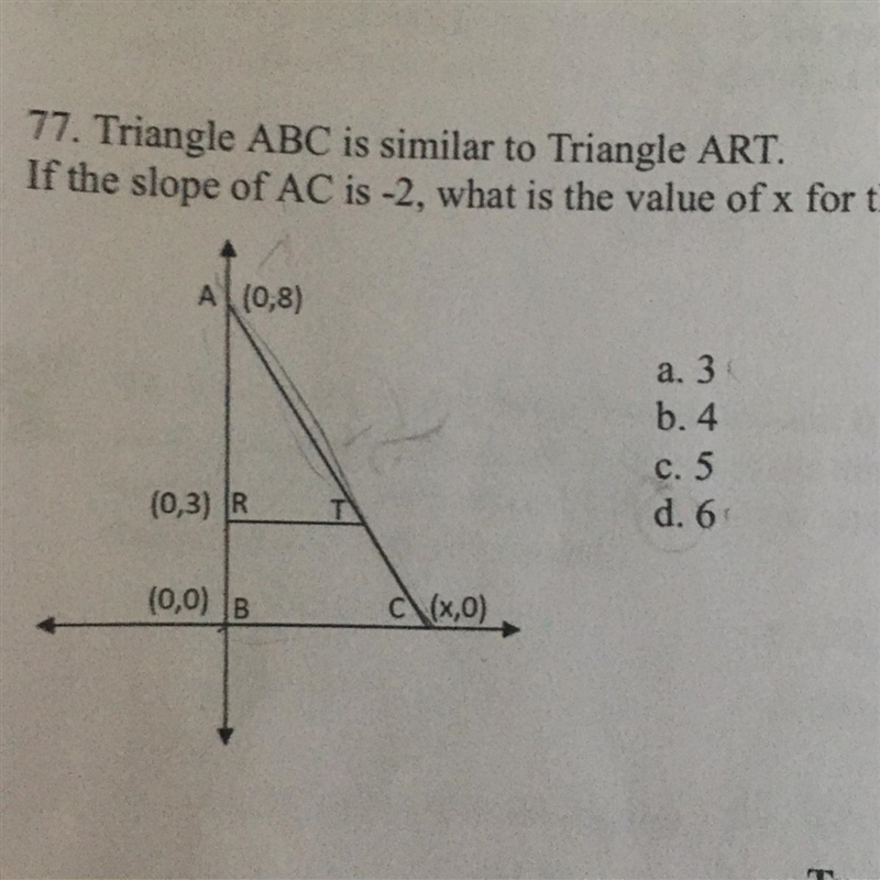 Triangle ABC is similar to Triangle ART. If the slope of AC is -2, which is the value-example-1