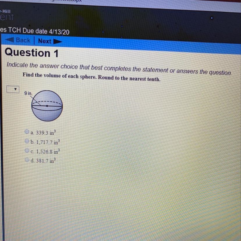 Find the volume of each sphere. Round to the nearest tenth. 9in-example-1