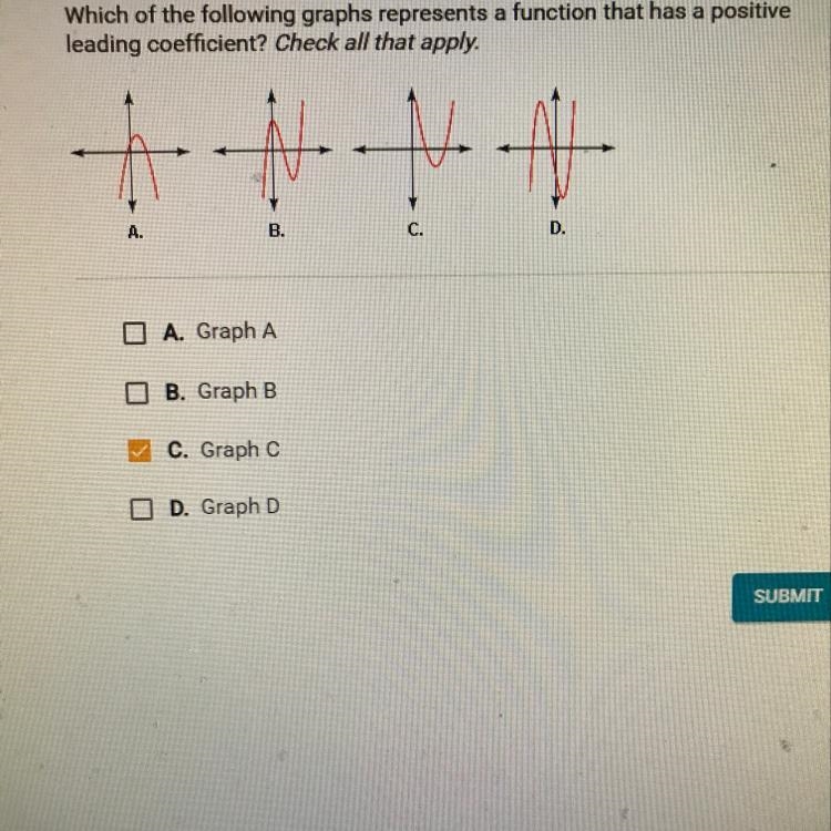 Which of the following graphs represents a function that has a positive leading coefficient-example-1