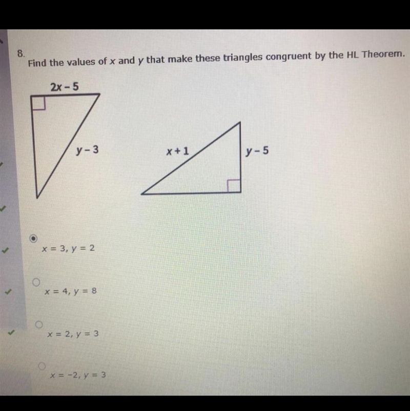 PLEASE HELP IM FAILING find the values of x and y that make these triangles congruent-example-1