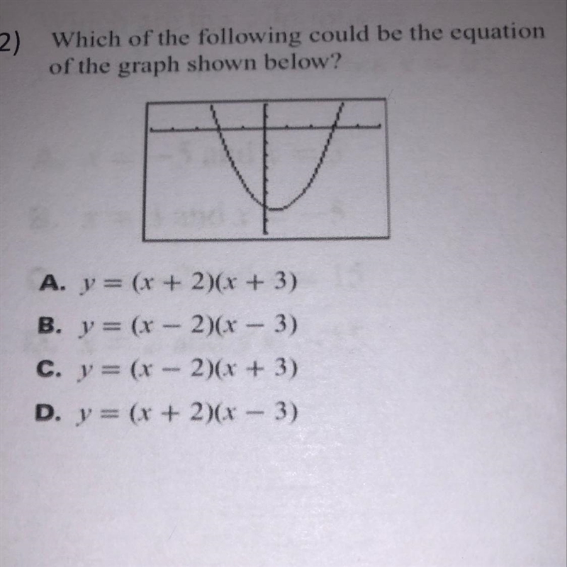 2) Which of the following could be the equation of the graph shown below?-example-1