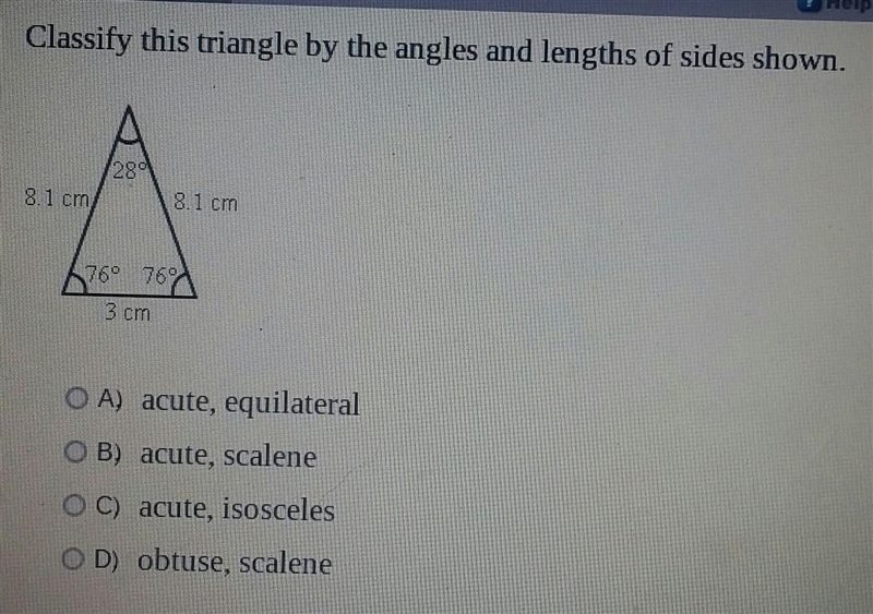 Classify this triangle by the angles and lengths of sides shown. A.) acute, equilateral-example-1