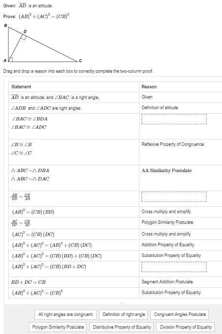 Please help!! AD¯¯¯¯¯ is an altitude, and ∠BAC ​ is a right angle. --> given ∠ADB-example-1