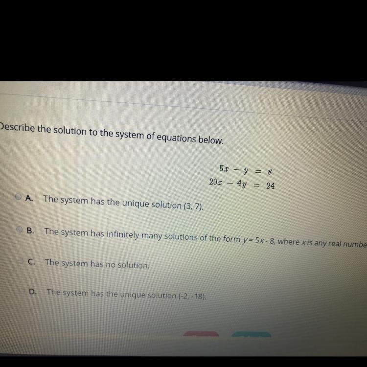 Describe the solution to the system of equations below. 51 – y = 8 20 x – 4y = 24-example-1