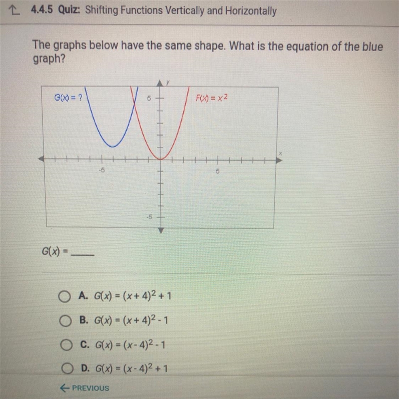 The graphs below have the same shape. What is the equation of the blue graph?-example-1