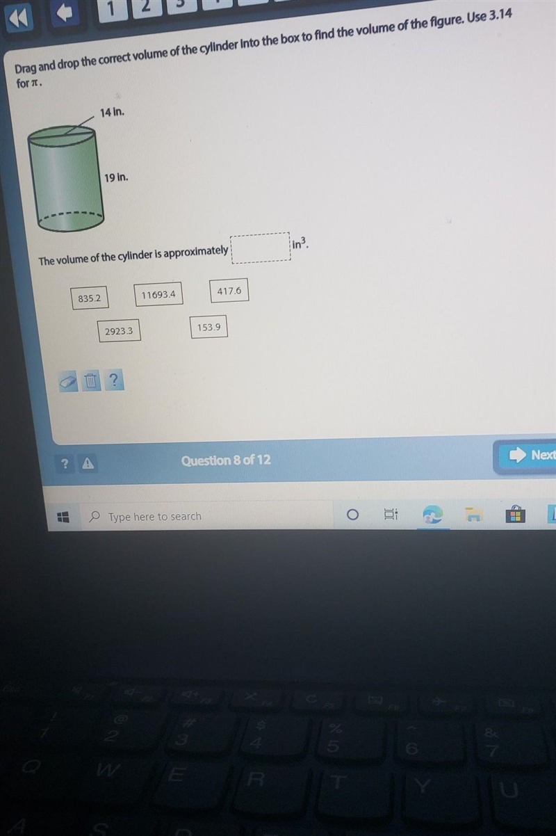 Drag and drop the correct volume of the cylinder into the box to find the volume of-example-1