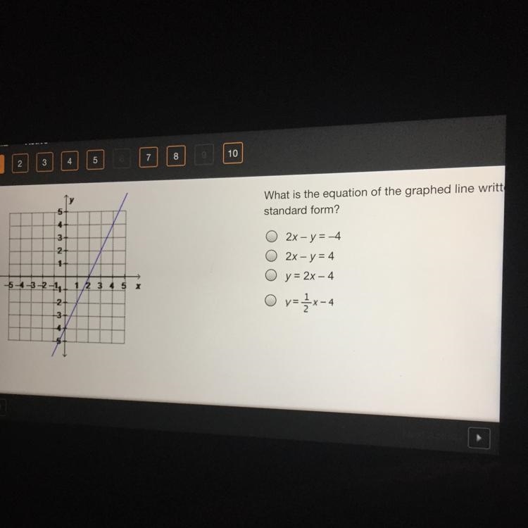 What is the equation of the graphed line written in standard form? N 2x - y=-4 O 2x-example-1