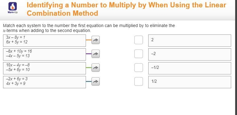 match each system to the number the first equation can be multiplied by to eliminate-example-1