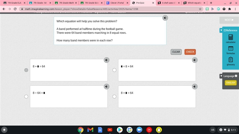 Which equation will help you solve this problem? A band performed at halftime during-example-1