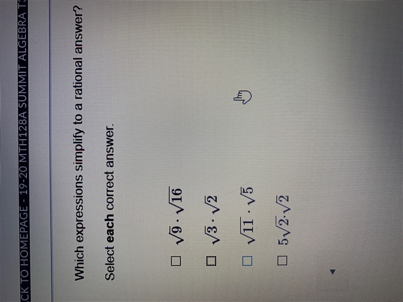 Which expressions simplify to a rational answer? Select each correct answer-example-1