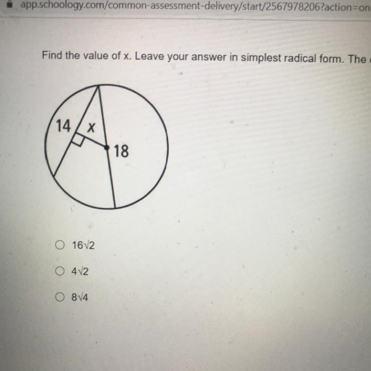 Find the value of x. Leave your answer in simplest radical form. The chord measures-example-1