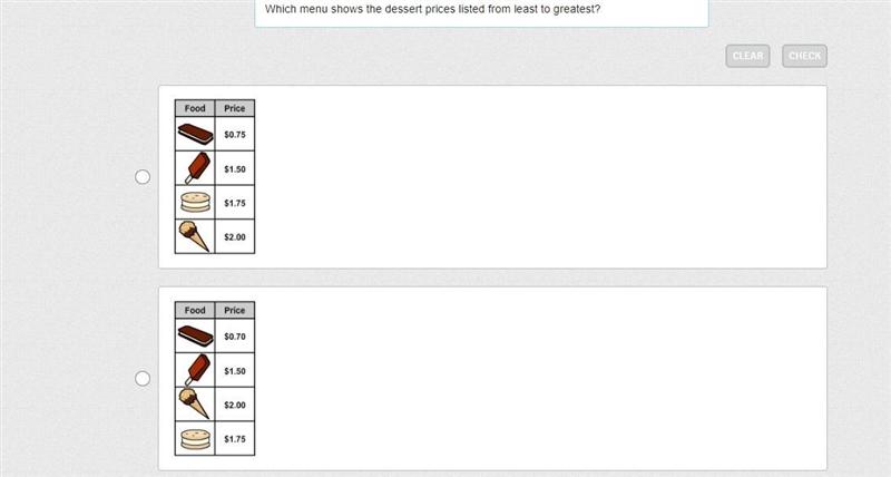 Which menu shows the dessert prices listed from least to greatest? please help me-example-1