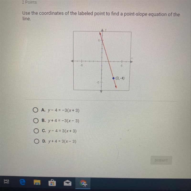 Using coordinates of the labeled points to find a point slope equation of the line-example-1