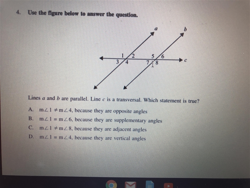 Lines a and b are parallel. Line c is transversal. Which statement is true? Help-example-1