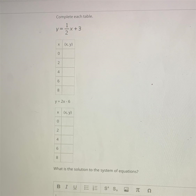 Please help!! Complete each table Y=1/2x+3 What is the solution to the system of equations-example-1