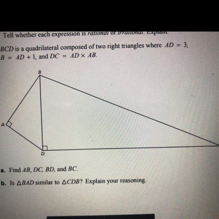 2. ABCD is a quadrilateral composed of two right triangles where AD = 3, AB = AD + 1, and-example-1