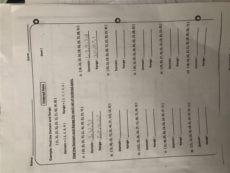 Find the Domain and range for each set of orders pairs please-example-1