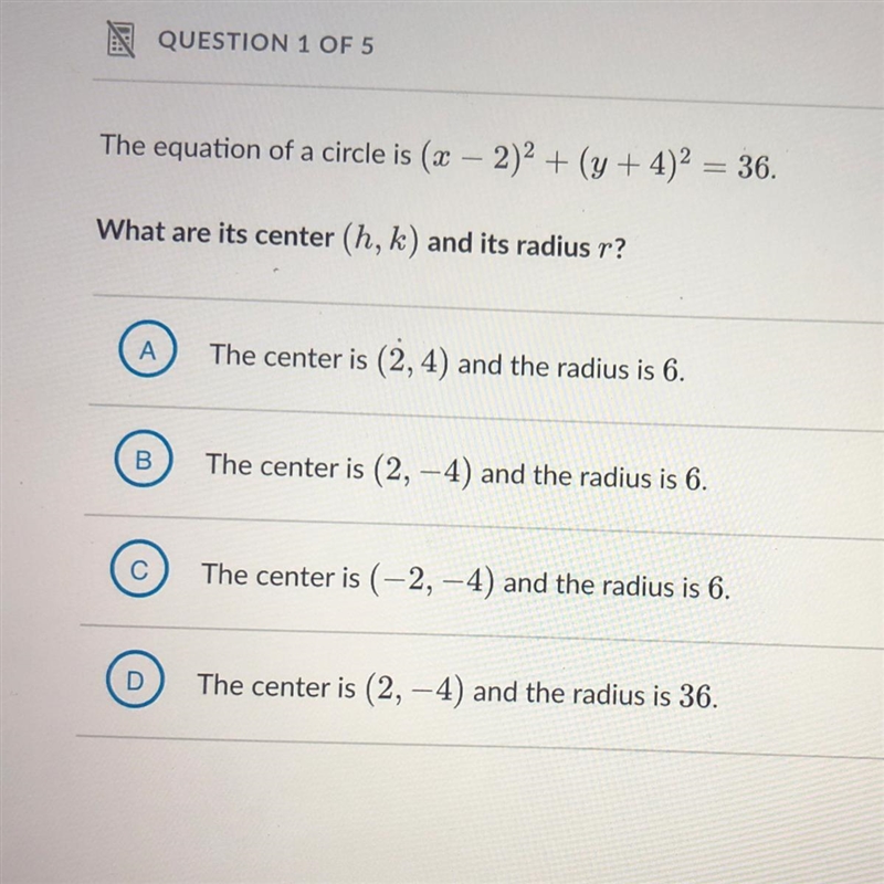 The equation of a circle is (2 – 2)2 + (y+4)2 = 36. What are its center (h, k) and-example-1