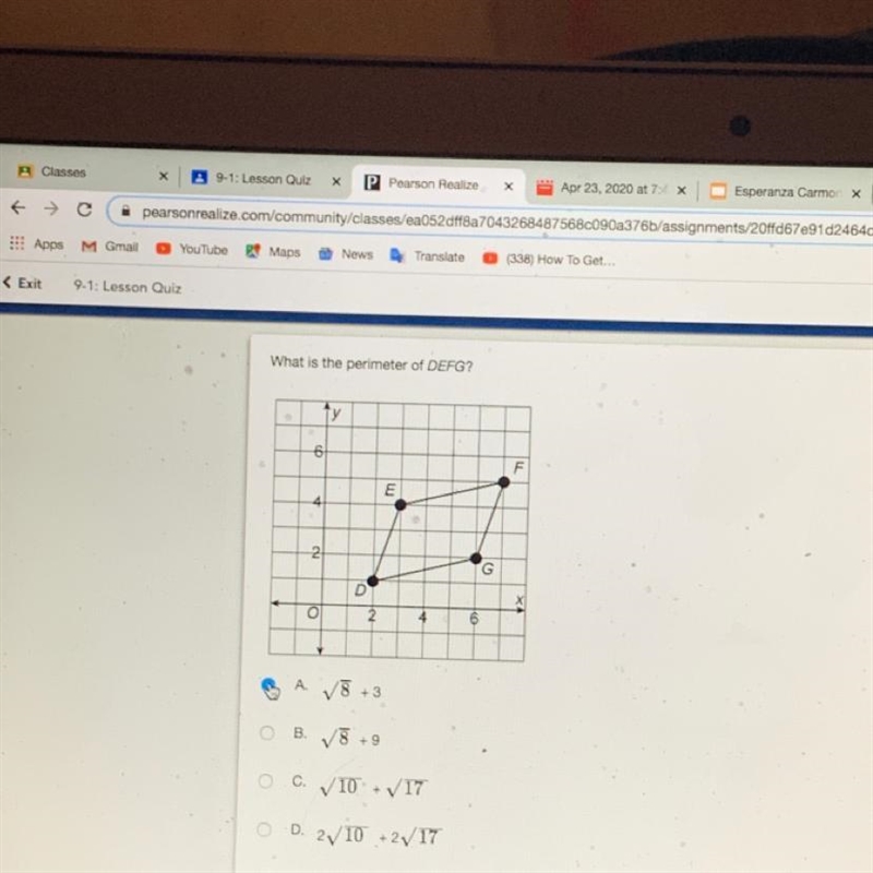 E (3,4) F (7,5) G (6,2) D(2,1) the perimeter-example-1