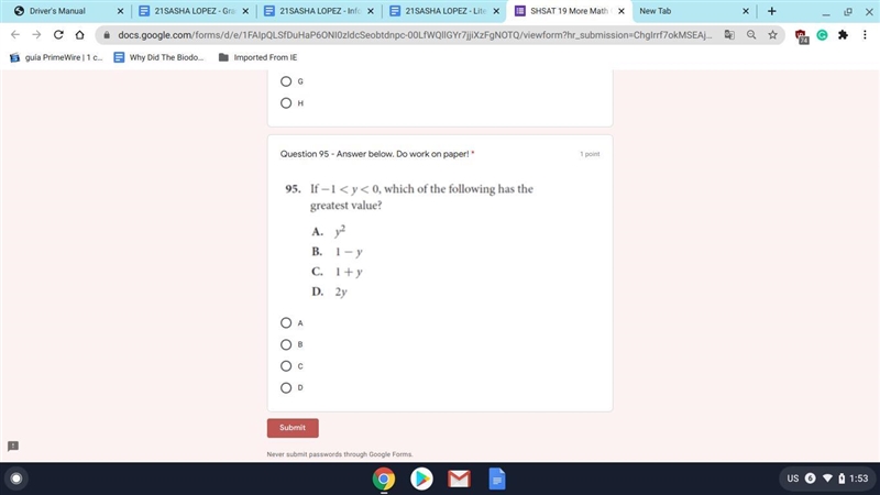 If -1< y< 0, which of the following has the greatest value?-example-1