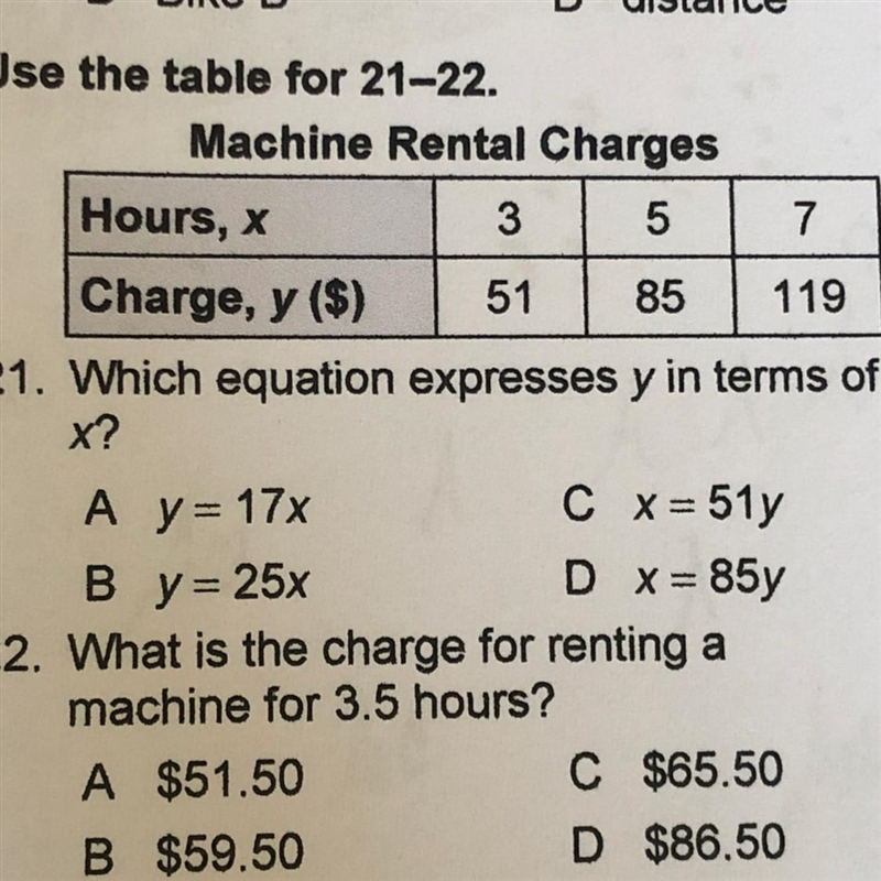 21. Which equation expresses y in terms of x? A y=17x B y=25x C x=51y D x=85y 22. What-example-1