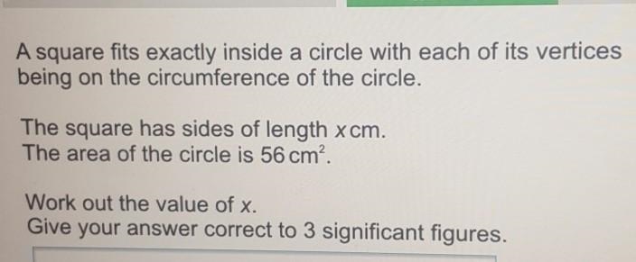 A square fits exactly inside a circle with each of its vertices being on the circumference-example-1