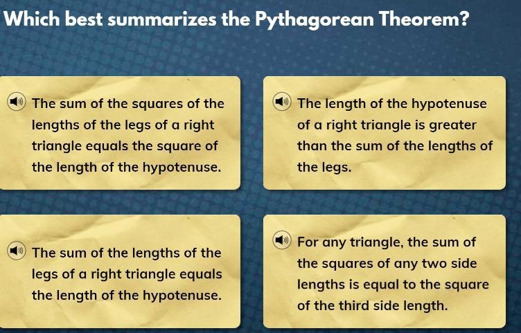 Which best summarizes the Pythagorean Theorem?-example-1