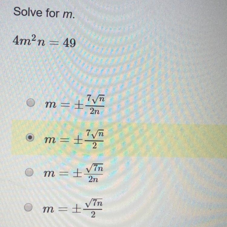 Solve for m. 4m^2n=49-example-1