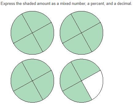 Express the shaded amount as a mixed number, a percent, and a decimal.-example-1