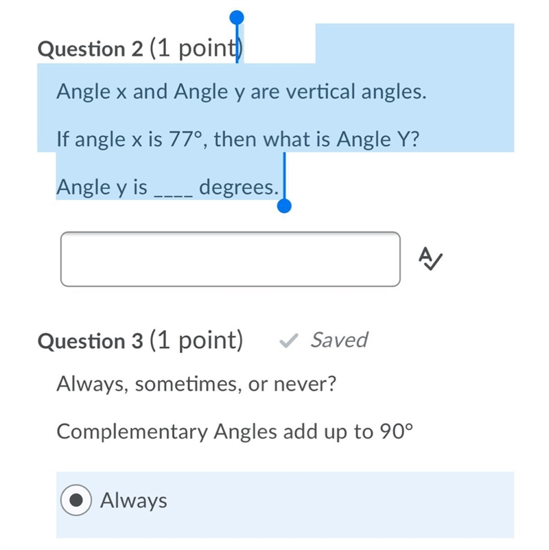 Angle x and angle y are vertical angle.if angle x is 77 then what is angle y? In degrees-example-1