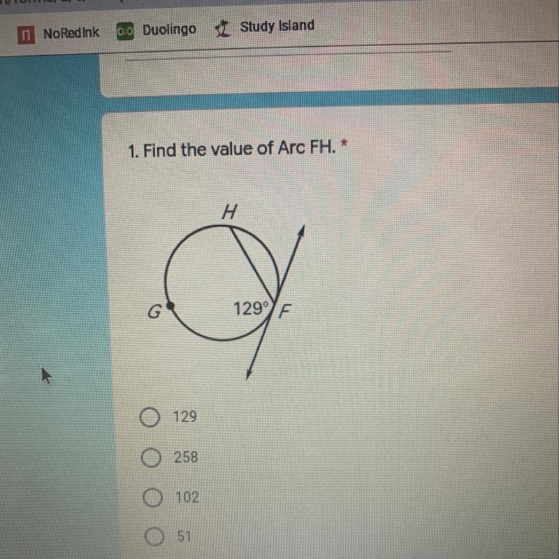 1. Find the value of Arc FH. A- 129 B- 258 C- 102 D- 51-example-1