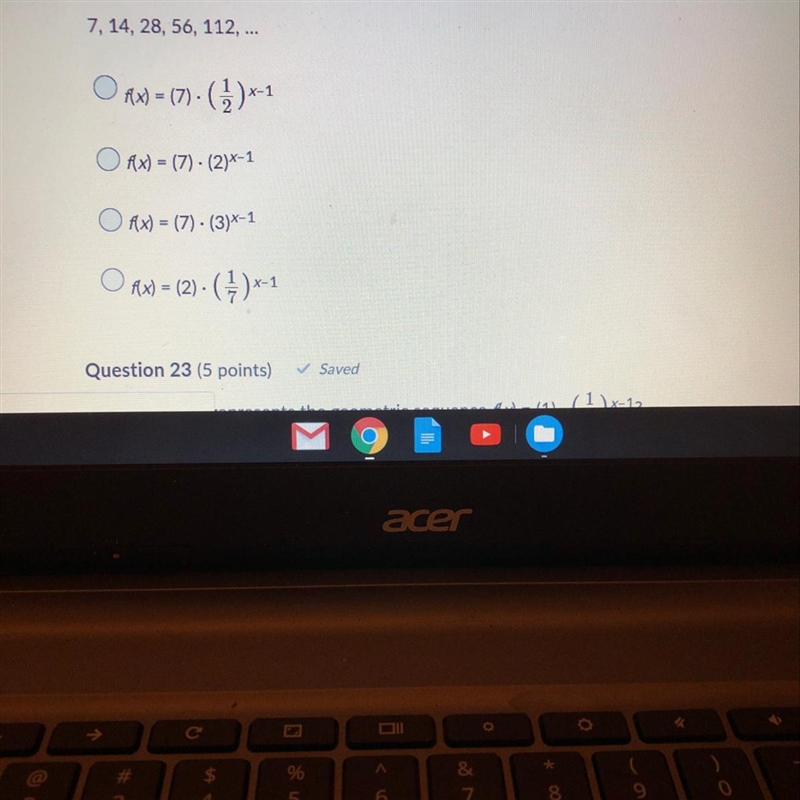 Write the geometric sequence in function notation. 7, 14, 28, 56, 112, ... 3 Ax) = (7). ()x-example-1