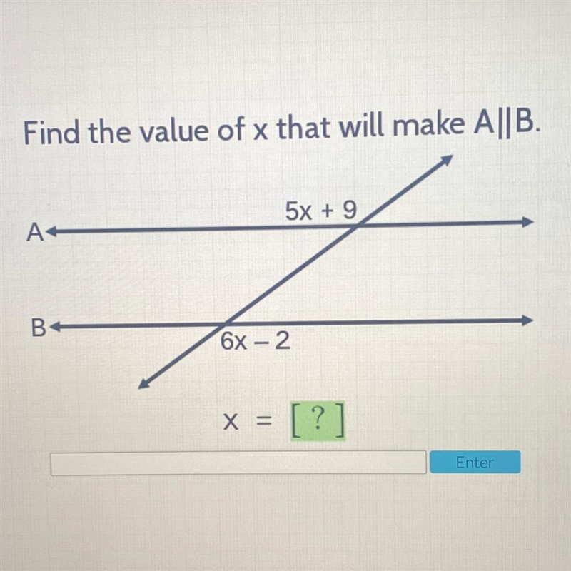 Find the value of x that will make A||B. 5x + 9 A B 6x-2 X = [?] Enter-example-1