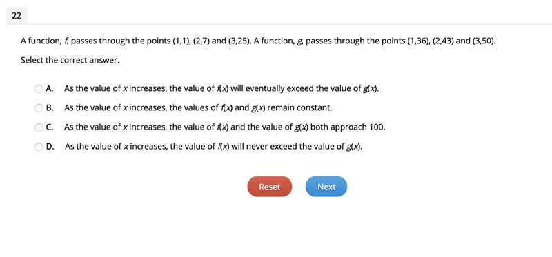 A function, f, passes through the points (1,1), (2,7) and (3,25). A function, g, passes-example-1