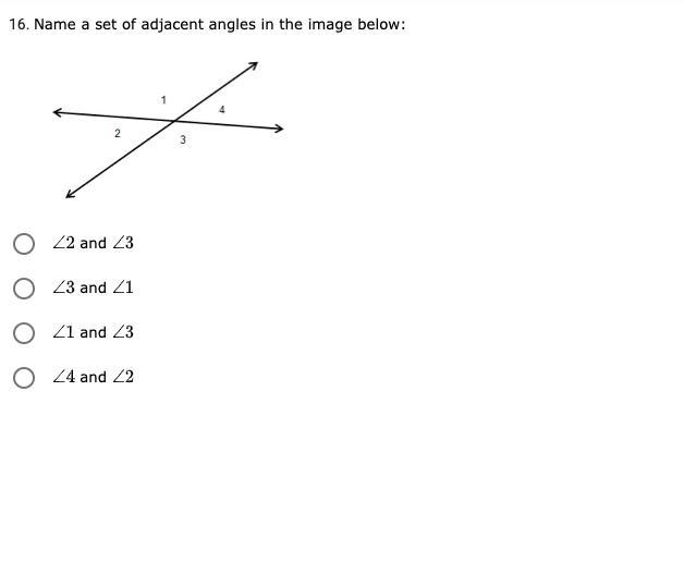 Name a set of adjacent angles in the image below-example-1