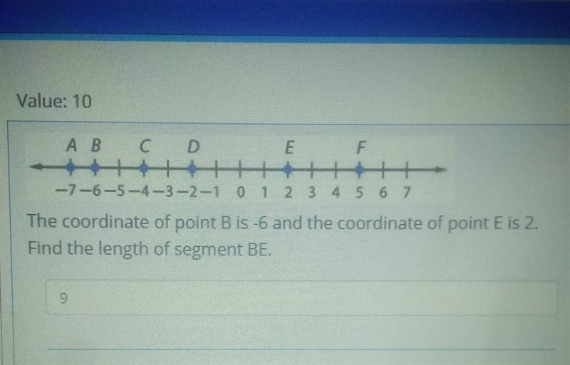 The coordinate of point B is -6 and the coordinate of point E is 2. Find the length-example-1