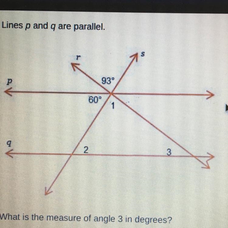 Lines p and q are parallel. what is the measure of angle 3 in degrees? 27° 33° 60° 153°-example-1