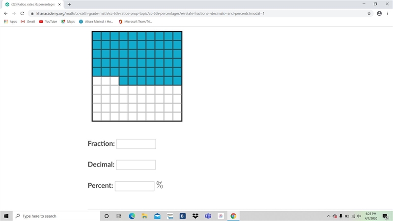 The square below represents one whole. Express the shaded area as a fraction, a decimal-example-1