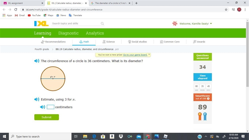 The circumference of a circle is 36 centimeters. What is its diameter?-example-1